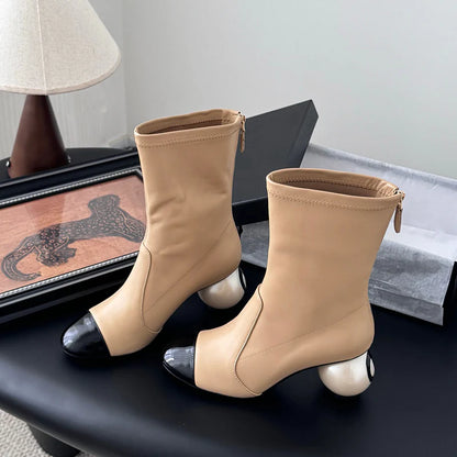 Color-Blocked Pearl Ball Heel Boots
