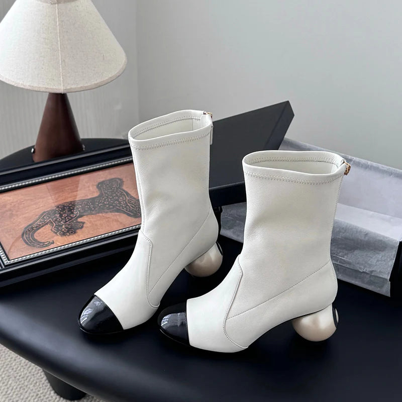 Color-Blocked Pearl Ball Heel Boots