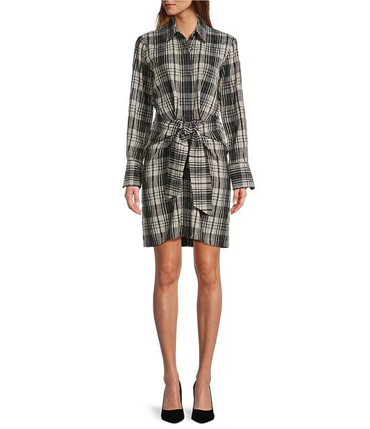 Button-Front Long Sleeve Tie Shirt Dress