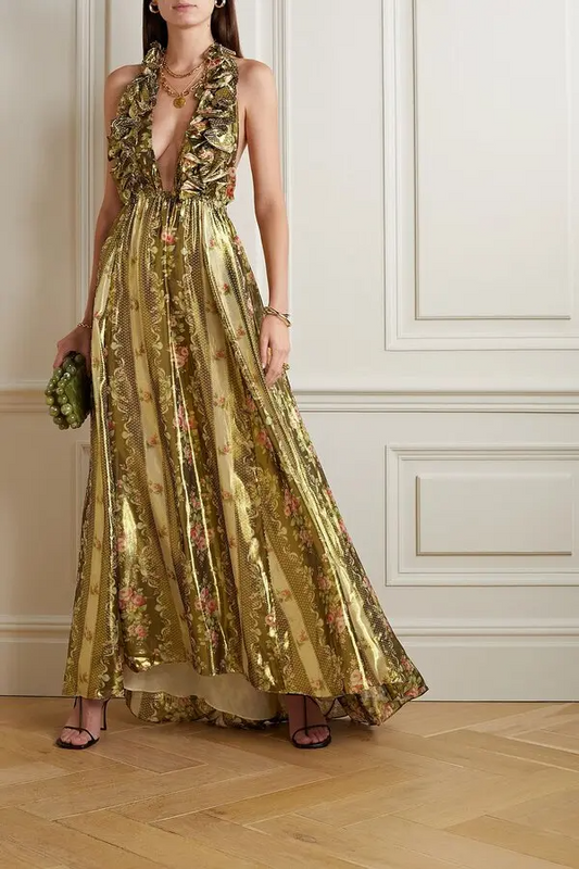 Ruffled Floralprint Halterneck Maxi Dress