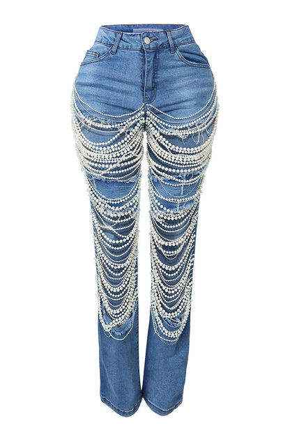 Pearl Rhinestone Cutout Jeans
