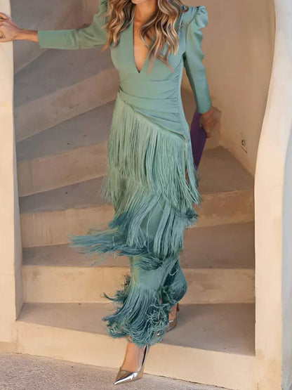 Deep V Neck Tassel Hem Dress