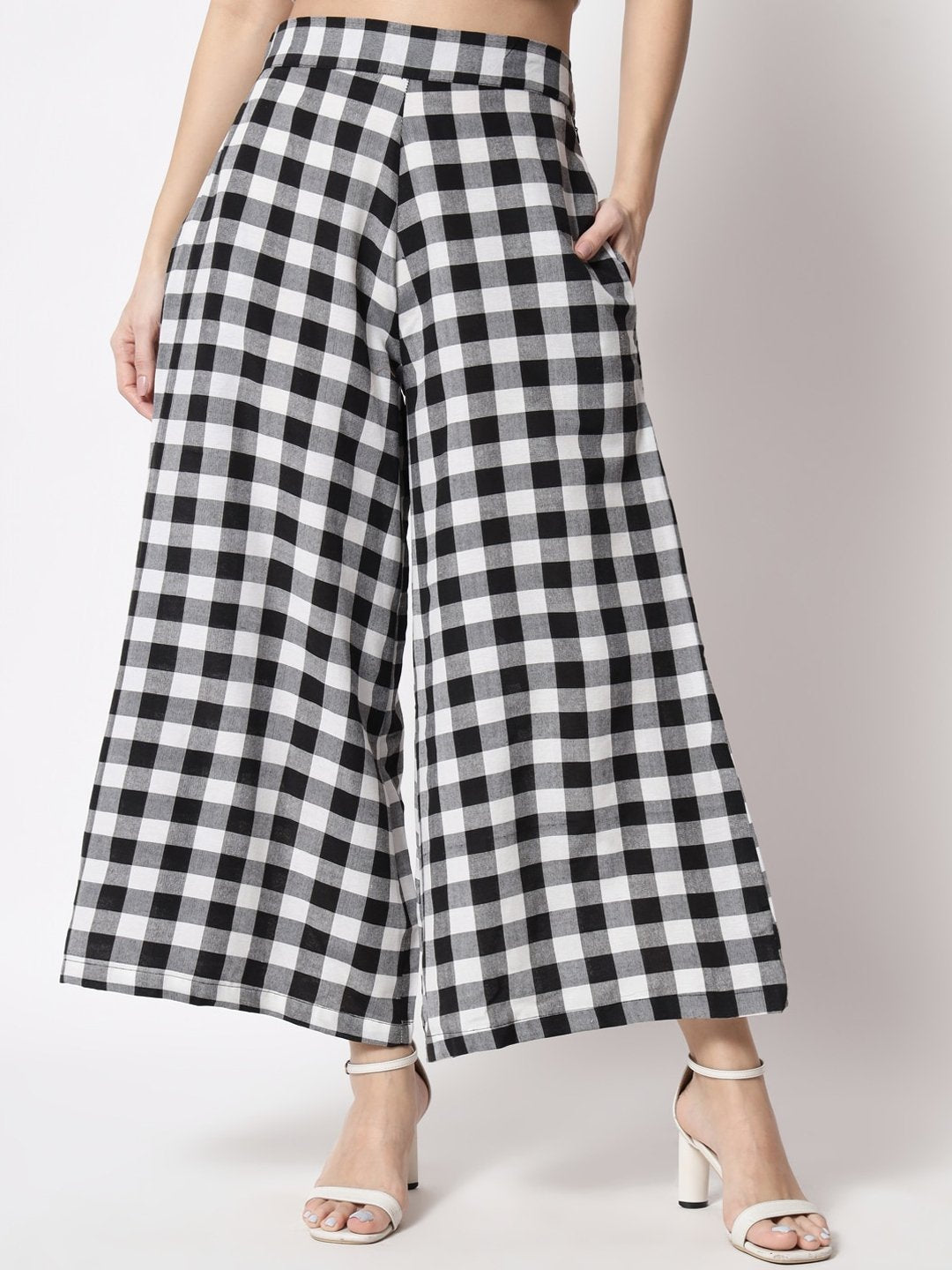 Women White Checked Loose Fit Trousers