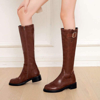 Buckle Leather Thin Velvet Women's Boots