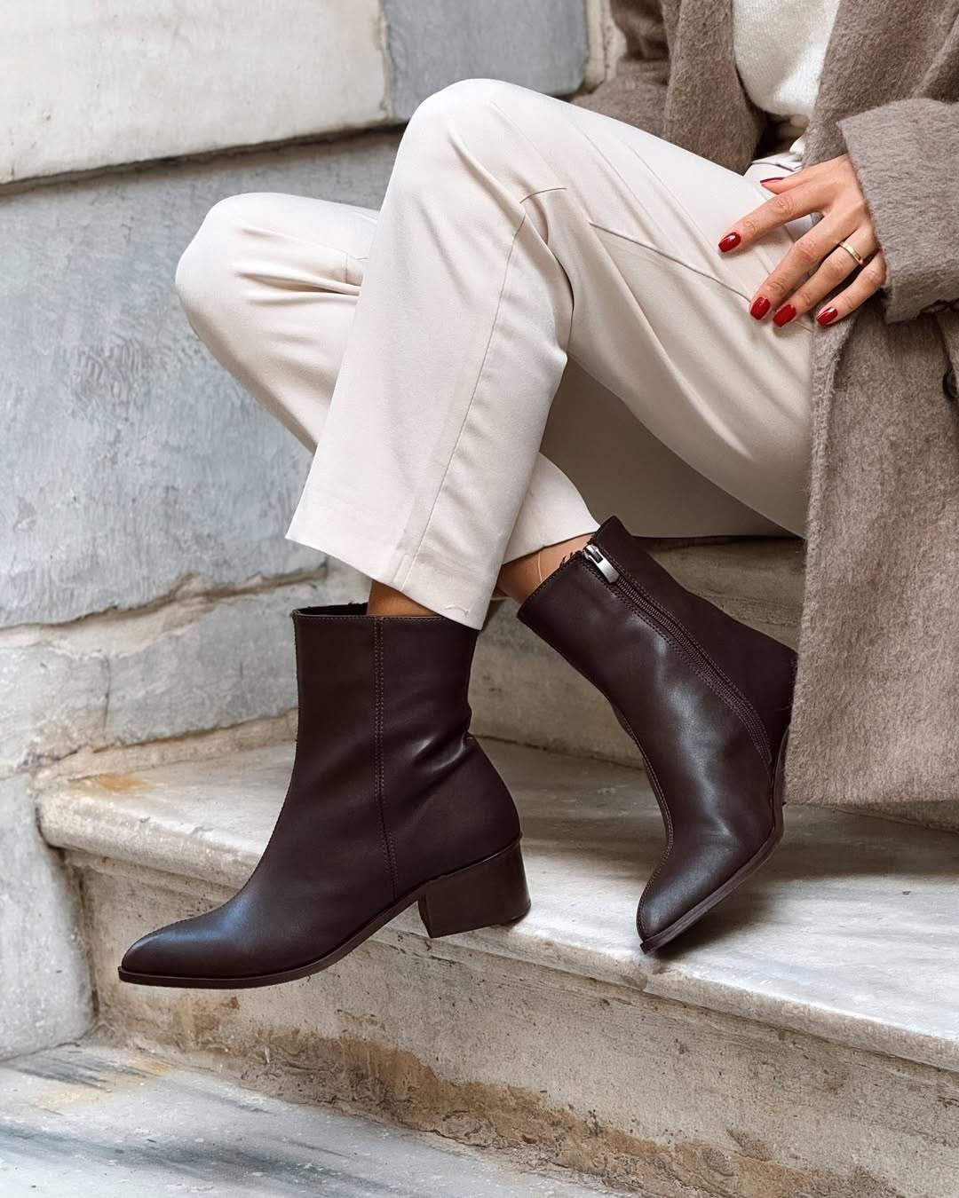 Brown Leather Zipper Mid Calf Boots