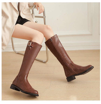 Buckle Leather Thin Velvet Women's Boots