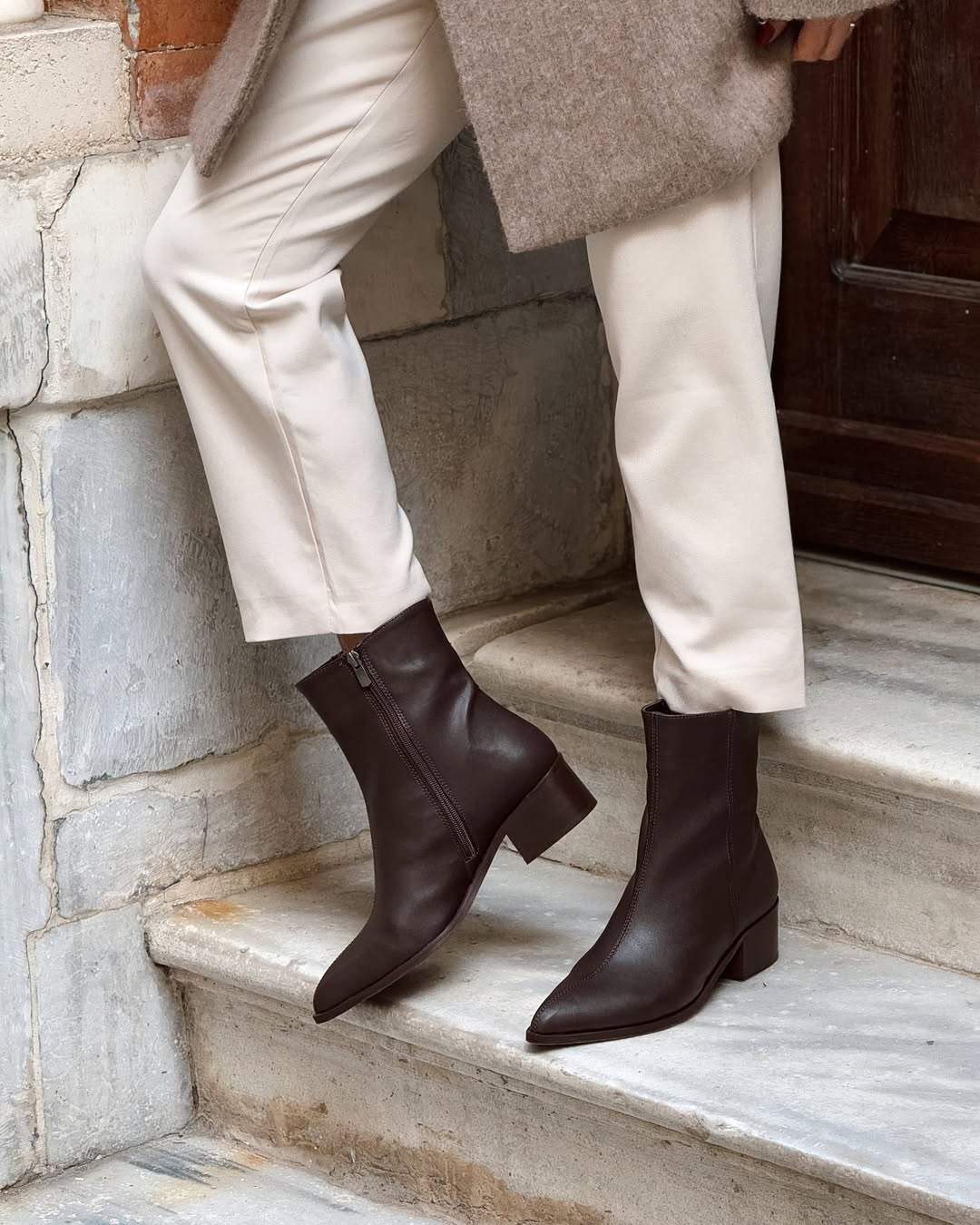 Brown Leather Zipper Mid Calf Boots