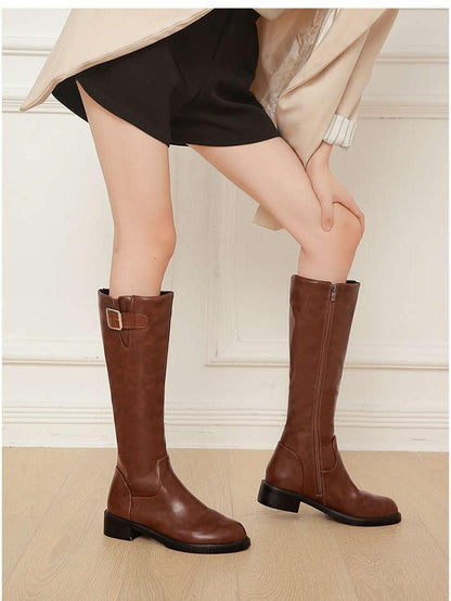 Buckle Leather Thin Velvet Women's Boots