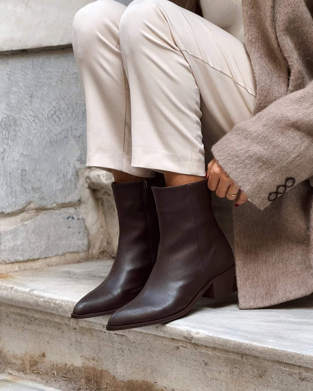 Brown Leather Zipper Mid Calf Boots