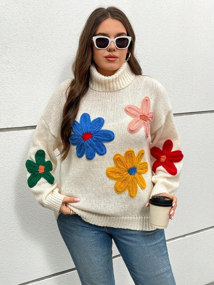 Colorful Flower Embroidered Sweater Pullover