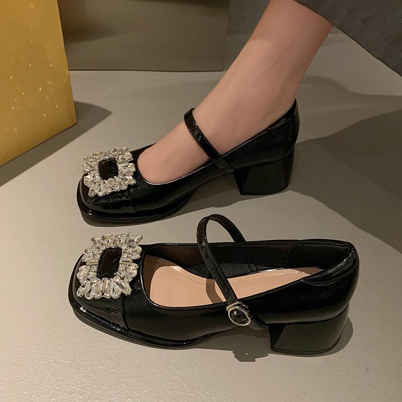 French Chunky Heel Mary Jane Rhinestone Women Sandals