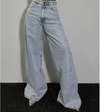 Women's Sequin Rhinestone High Waisted Loose Wide Leg Pants