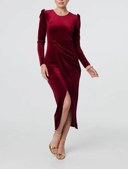 Velvet Long Puff Sleeve Split Hem Midi Dress in Red