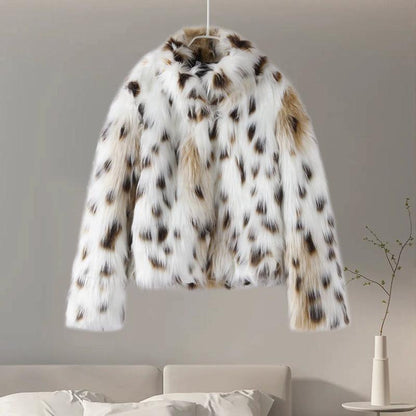 Women's Fashion All-Over Printed High Collar Fluffy Coat