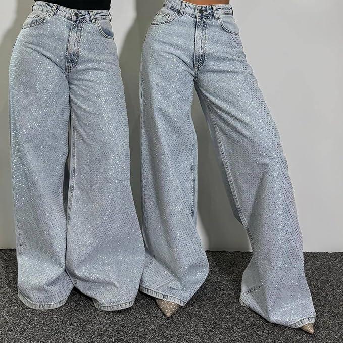 Women's Sequin Rhinestone High Waisted Loose Wide Leg Pants