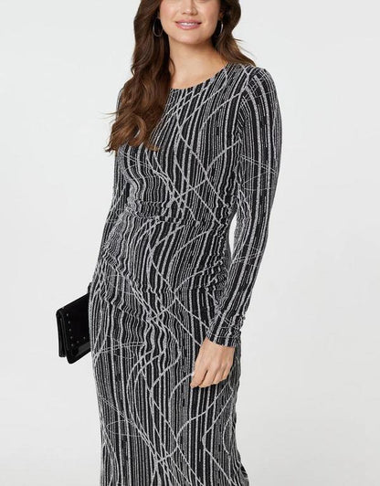 Silver Abstract Print Long Sleeve Pleated Dress