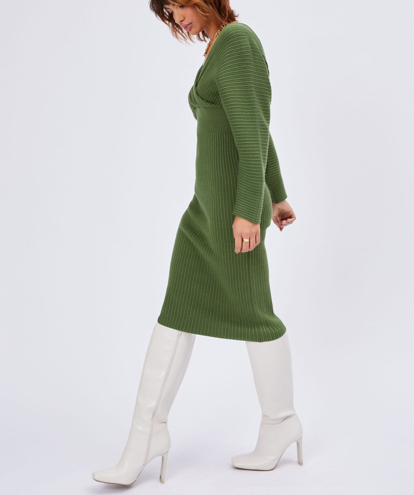 Knit Solid V-neck Midi Dress