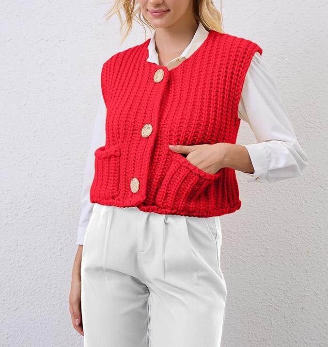 Casual Sleeveless Knit Pocket Cardigan