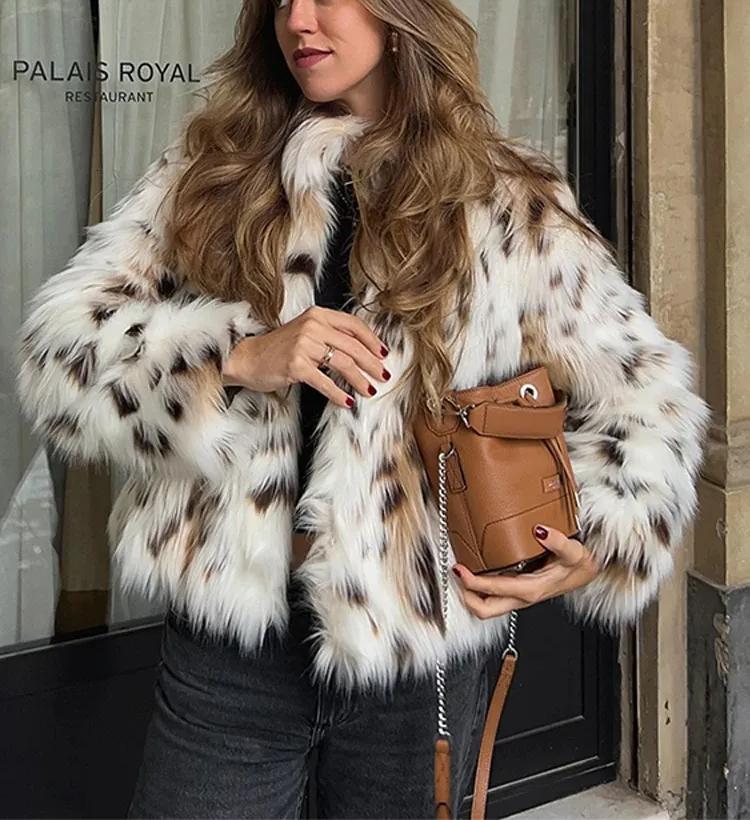 Women's Fashion All-Over Printed High Collar Fluffy Coat