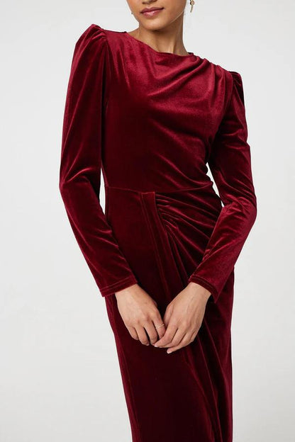 Velvet Long Puff Sleeve Split Hem Midi Dress in Red