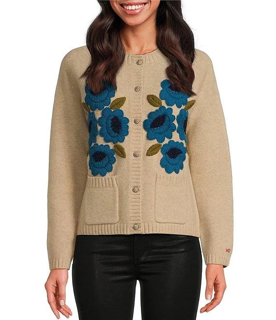 Wool Floral Embroidered Bouquet Crew Neck Long Sleeve Cardigan