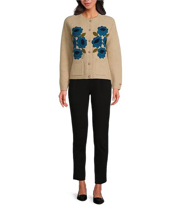 Wool Floral Embroidered Bouquet Crew Neck Long Sleeve Cardigan