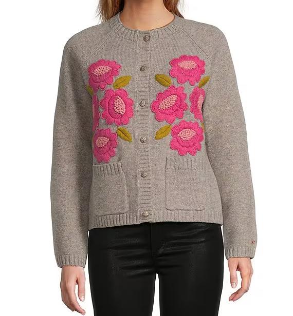 Wool Floral Embroidered Bouquet Crew Neck Long Sleeve Cardigan