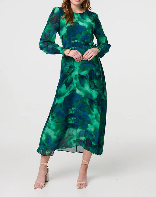 Green Printed Long Sleeve Dress