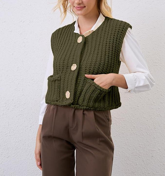 Casual Sleeveless Knit Pocket Cardigan