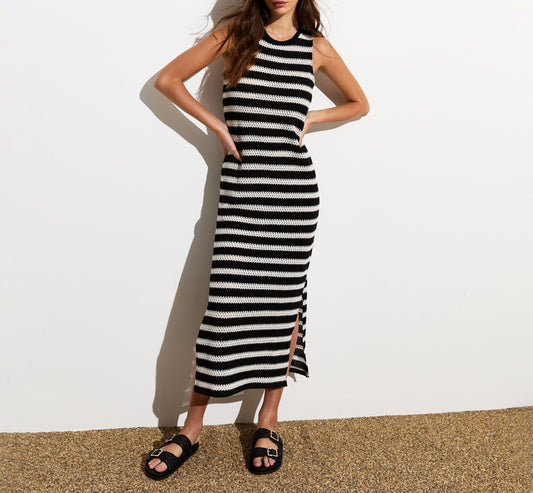 Black Stripe Knit Sleeveless Midi Dress