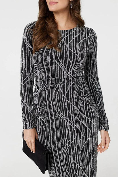 Silver Abstract Print Long Sleeve Pleated Dress