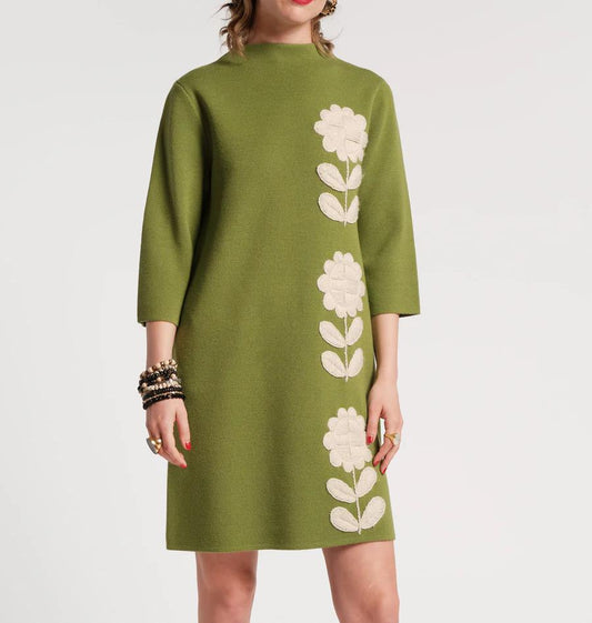 Floral Knit High Neck Seven Sleeve Dress