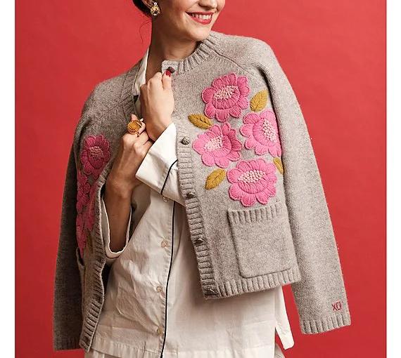 Wool Floral Embroidered Bouquet Crew Neck Long Sleeve Cardigan