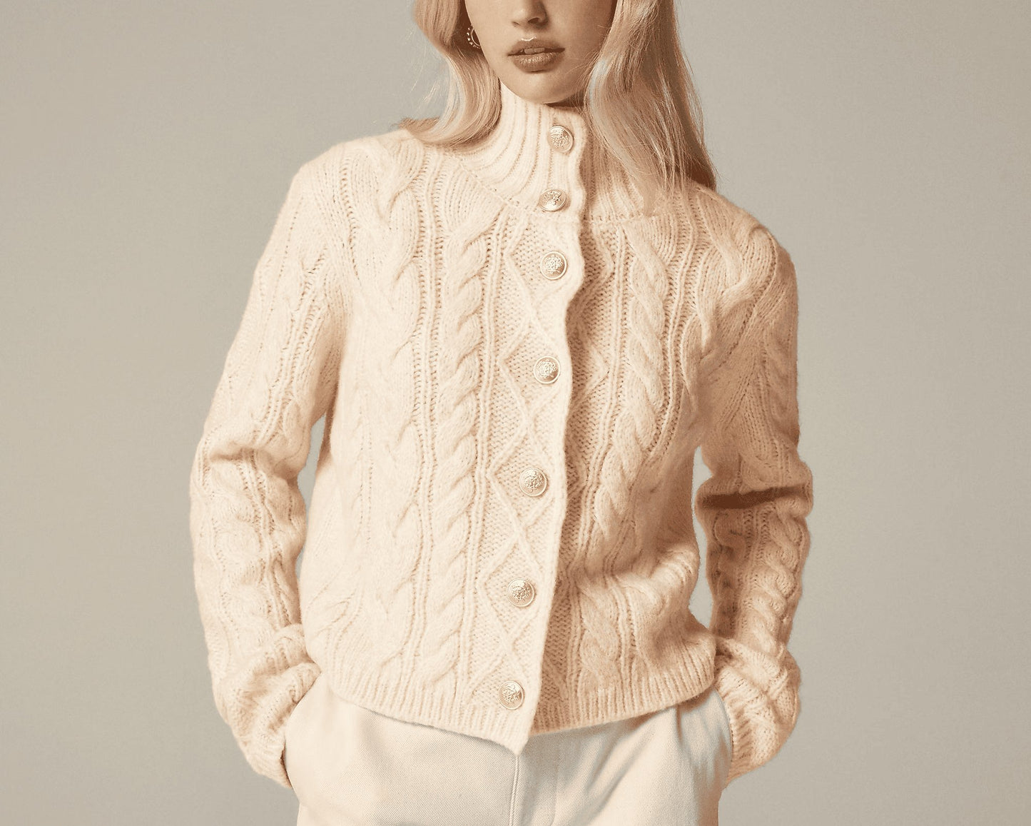 Cable-knit turtleneck cardigan sweater