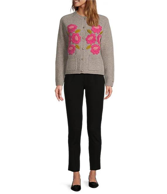 Wool Floral Embroidered Bouquet Crew Neck Long Sleeve Cardigan