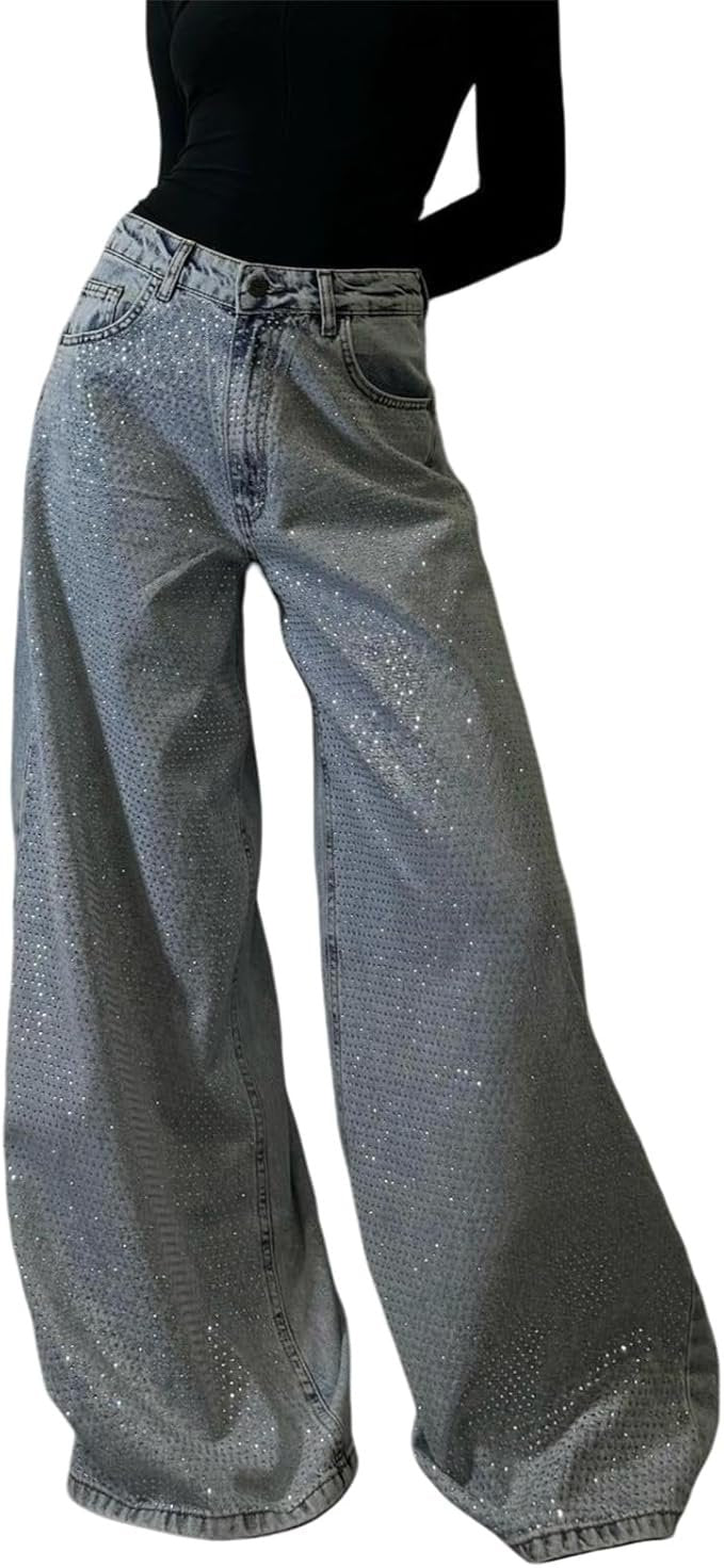 Women's Sequin Rhinestone High Waisted Loose Wide Leg Pants