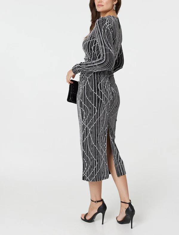 Silver Abstract Print Long Sleeve Pleated Dress