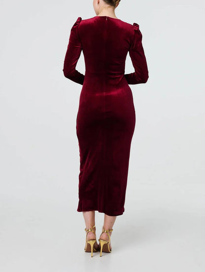 Velvet Long Puff Sleeve Split Hem Midi Dress in Red