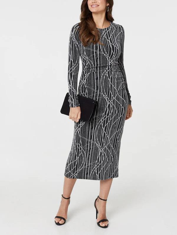 Silver Abstract Print Long Sleeve Pleated Dress