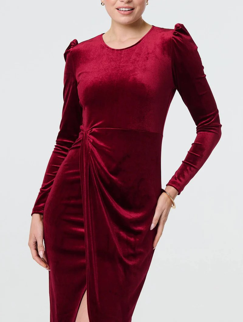 Velvet Long Puff Sleeve Split Hem Midi Dress in Red