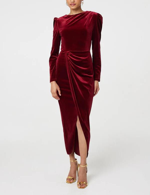 Velvet Long Puff Sleeve Split Hem Midi Dress in Red