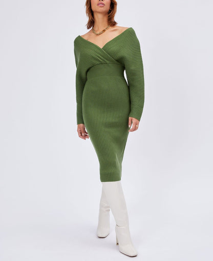 Knit Solid V-neck Midi Dress