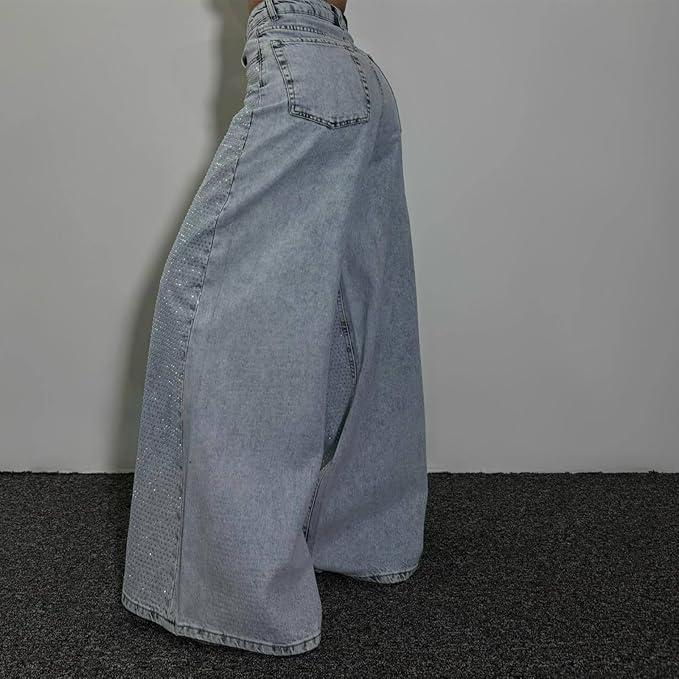 Women's Sequin Rhinestone High Waisted Loose Wide Leg Pants