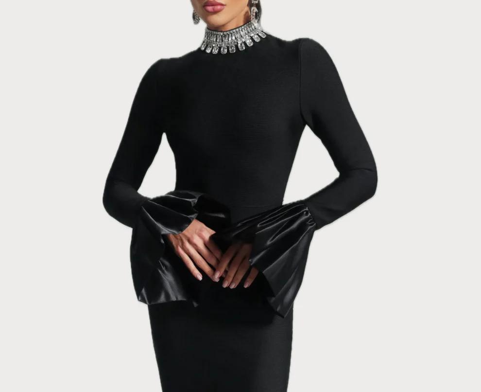 Flared Sleeve Neckline Rhinestone Dress