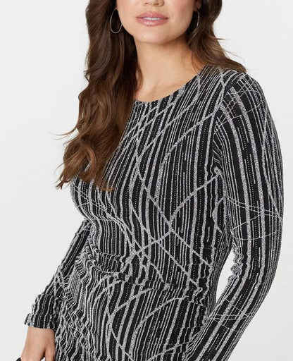 Silver Abstract Print Long Sleeve Pleated Dress