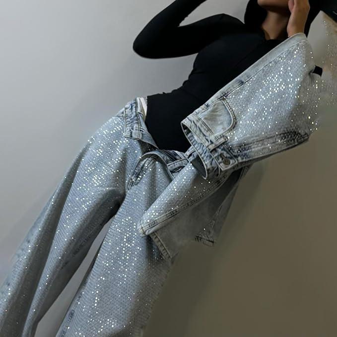 Women's Sequin Rhinestone High Waisted Loose Wide Leg Pants